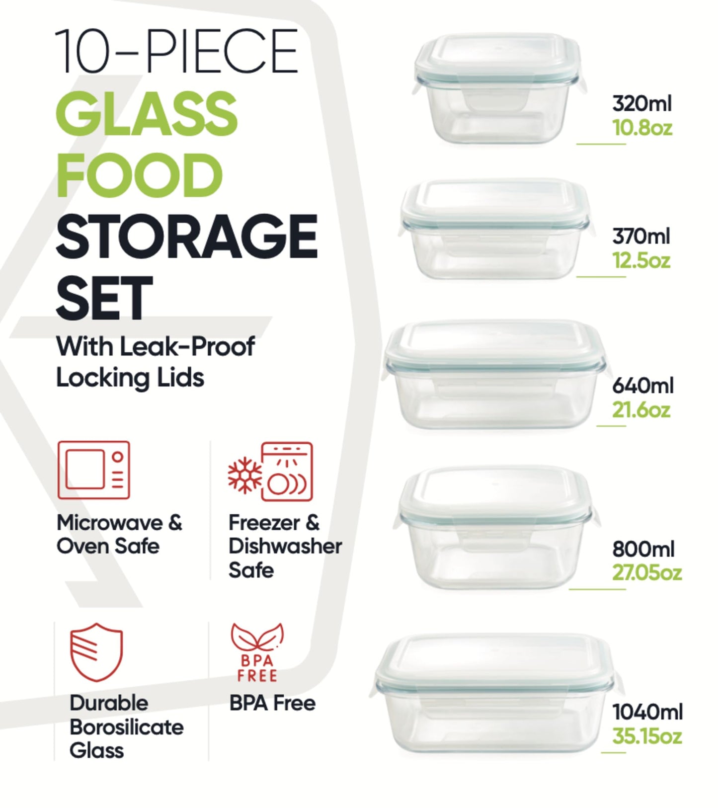 10-Piece Glass Food Storage Containers with Airtight Locking Lids (10 Containers + 10 Lids)