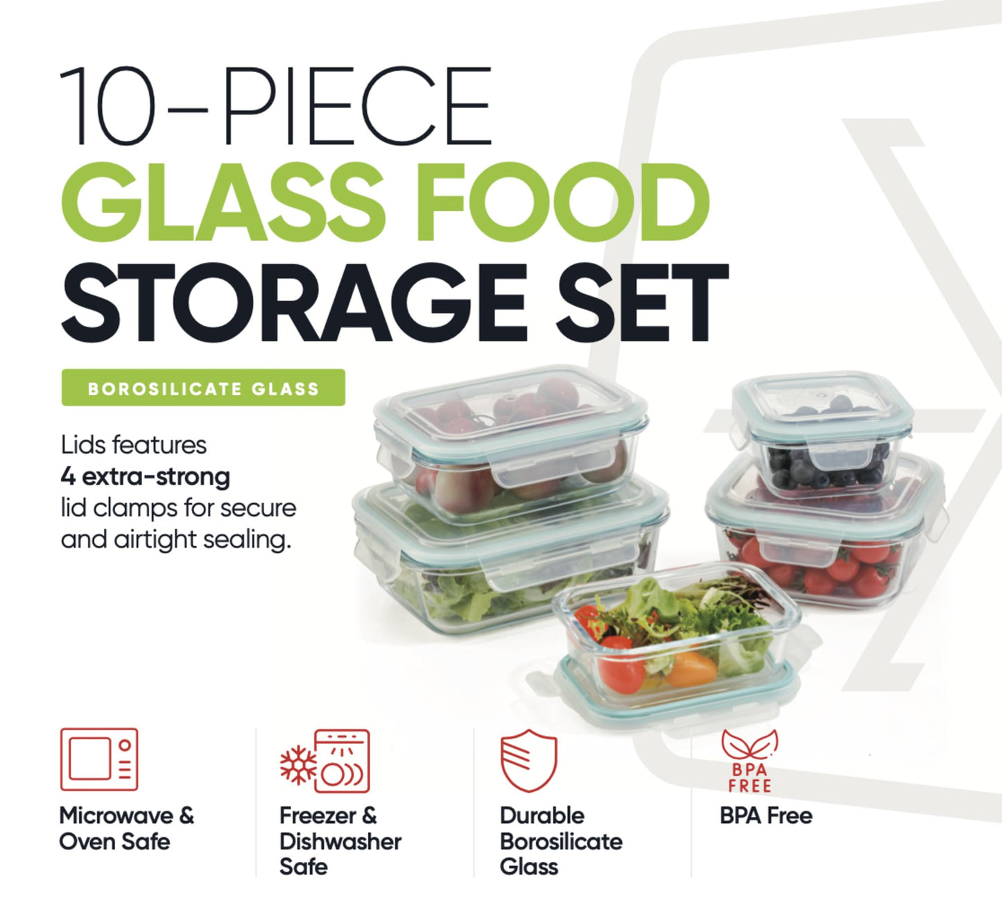 10-Piece Glass Food Storage Containers with Airtight Locking Lids (10 Containers + 10 Lids)